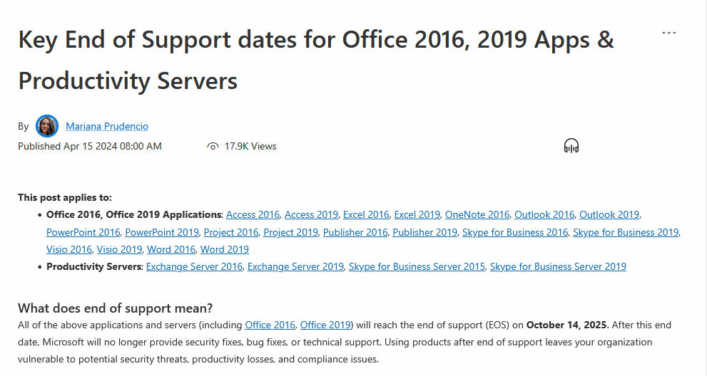 Key End of Support dates for Office 2016, 2019 Apps & Productivity Servers