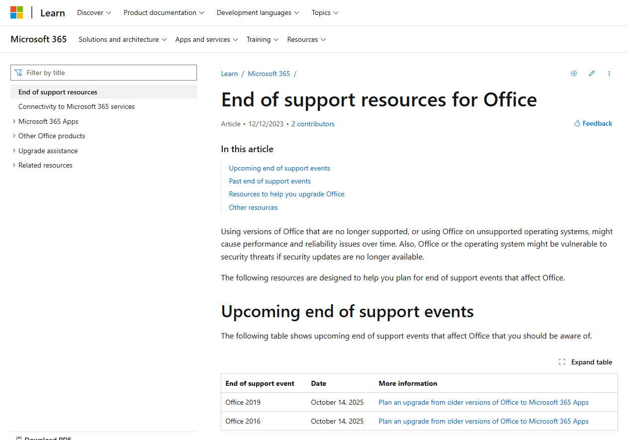 Upcoming end of support events