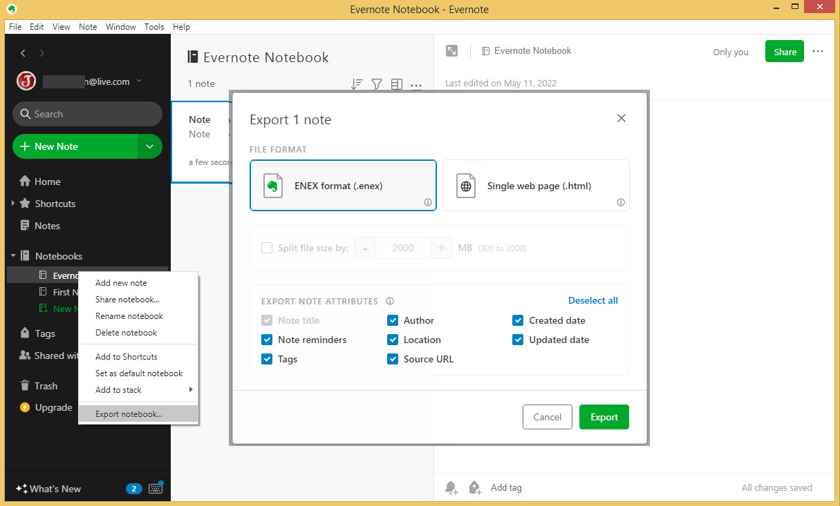 export notebook to .enex file in new Evernote version
