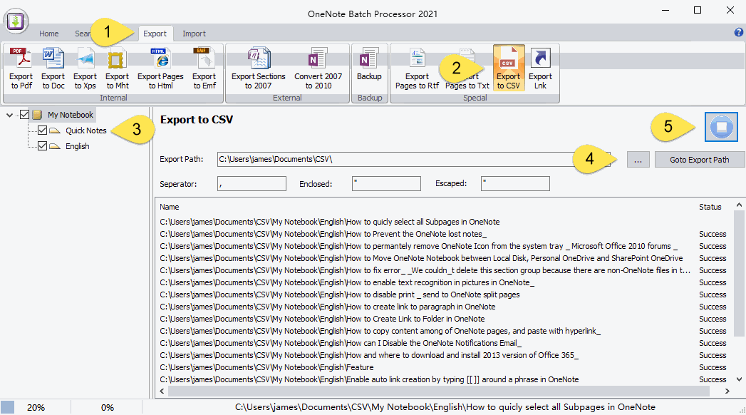 Export OneNote Pages into a CSV File