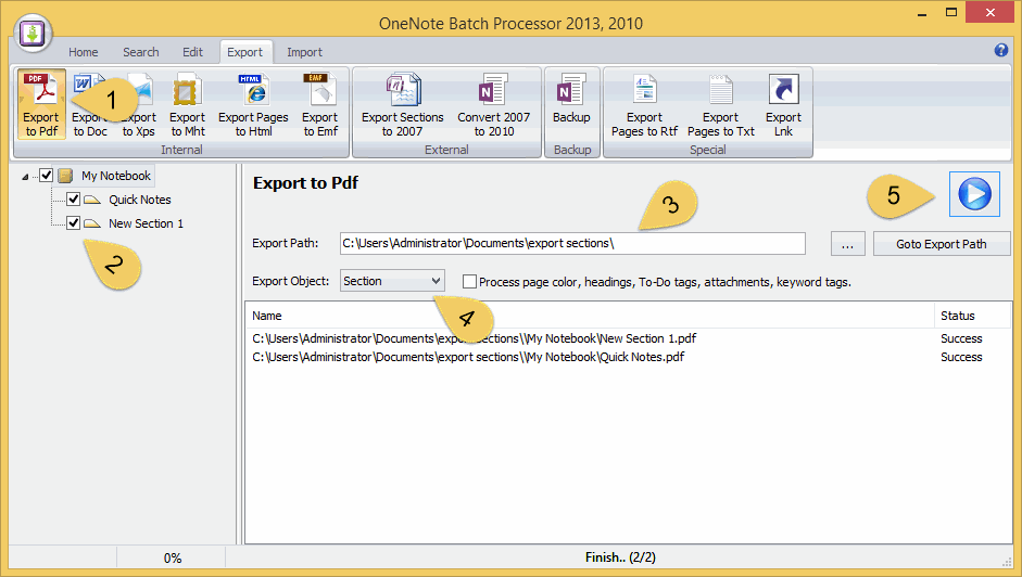 Export the Checked Sections as PDF Files