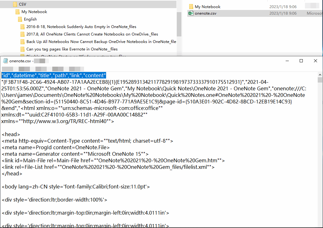 Exported onenote.csv and its Images