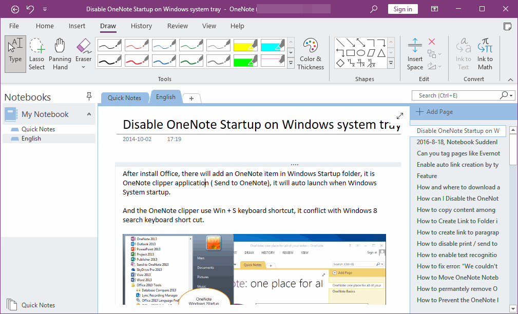 Pages of OneNote