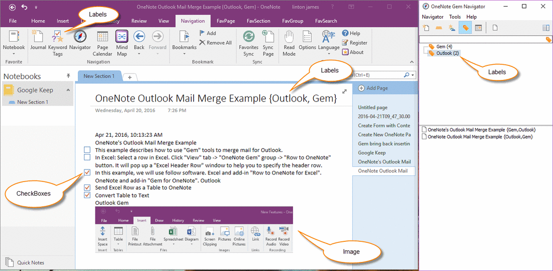 Google Keep Note in OneNote with Labels