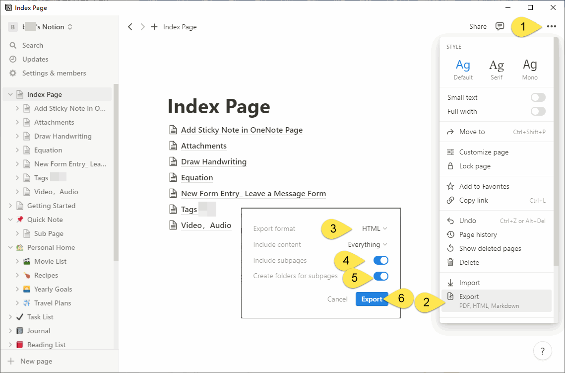 Bulk Export the Main Page and its subpages from Notion as HTML files