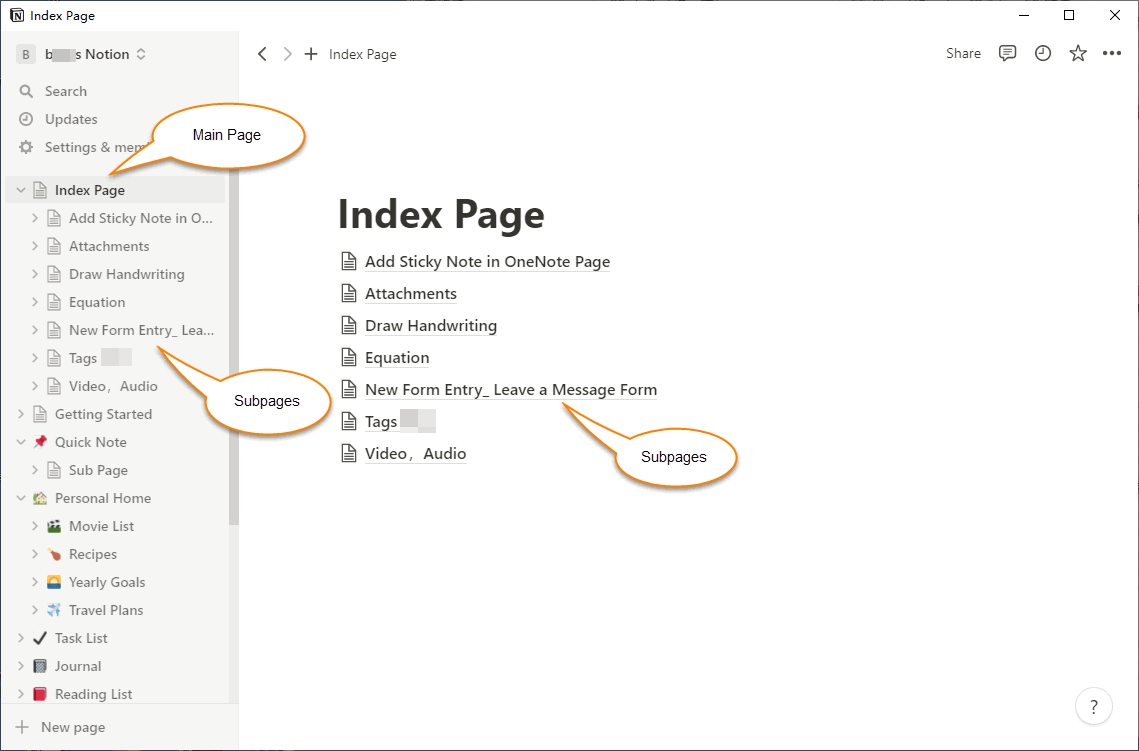 Need Structure of Main Page and Subpages in Notion