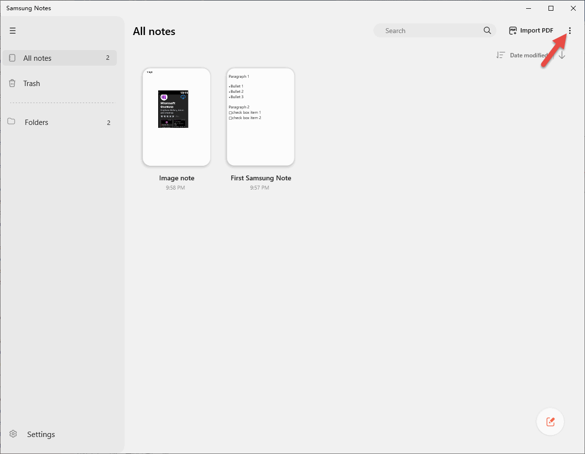Run Samsung Notes, Then Click Menu.