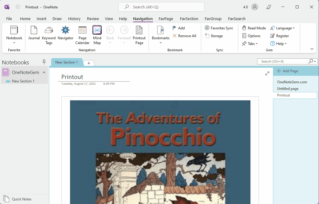 Using “Printout Page” in OneNote Gem – Favorites to quickly jump to specify PDF page.