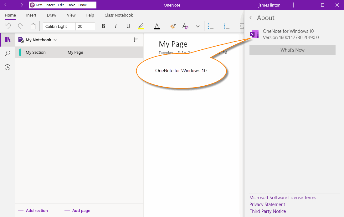 OneNote for Windows 10 About Window