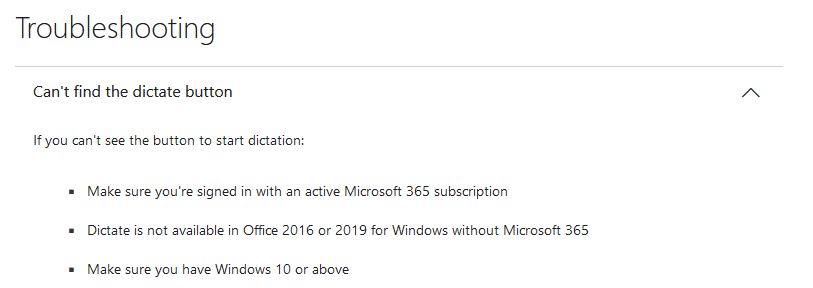 Dictate is not available in Office 2016 or 2019 for Windows without Microsoft 365
