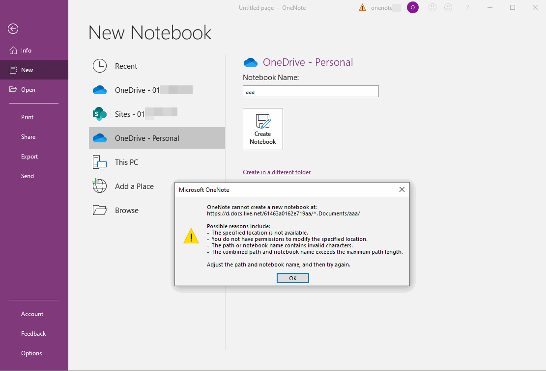 Cannot create new OneNote due to account reasons.