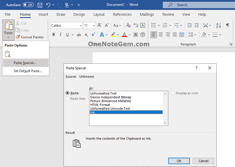 Copy the ink from OneNote to Word and keep the ink format with Word's Paste Special feature.