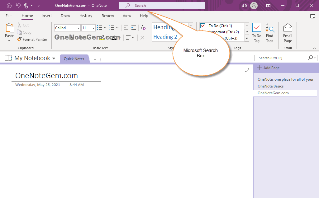 a search box appears on the title bar of oneNote main window.
