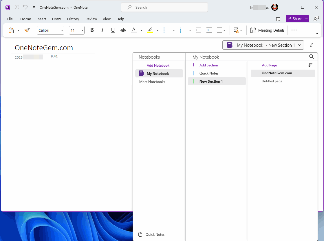 click the notebook icon in the upper-right corner of the OneNote page to list notebooks, sections, and pages.