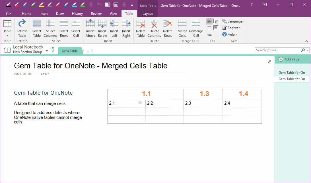 Gem Table for OneNote